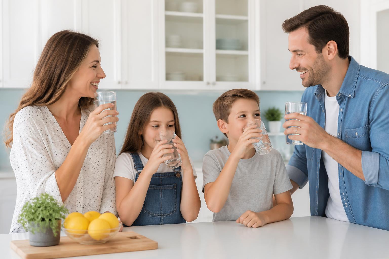 Happy Central Florida family drinking clean filtered water in their kitchen
